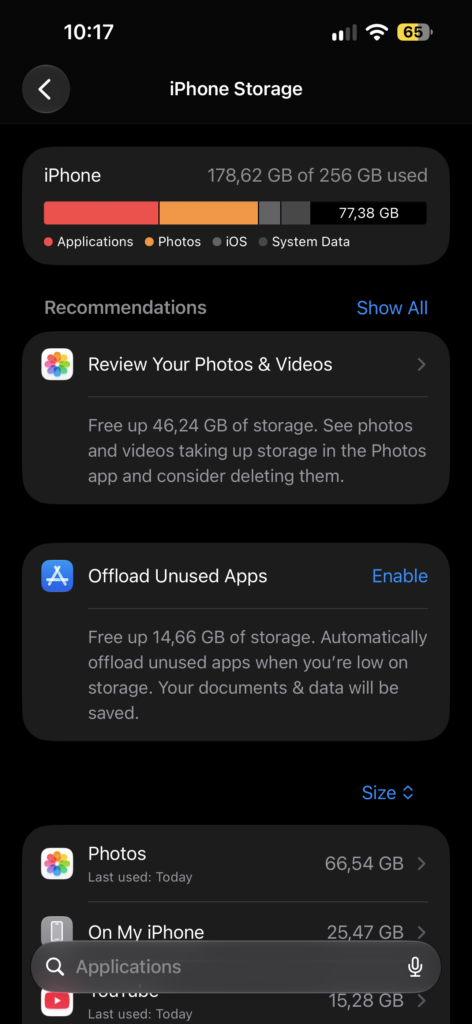 iPhone Storage screen showing apps and storage bar