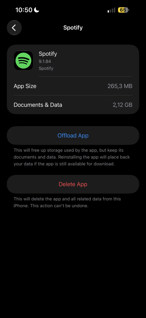 Offload App button in iPhone settings